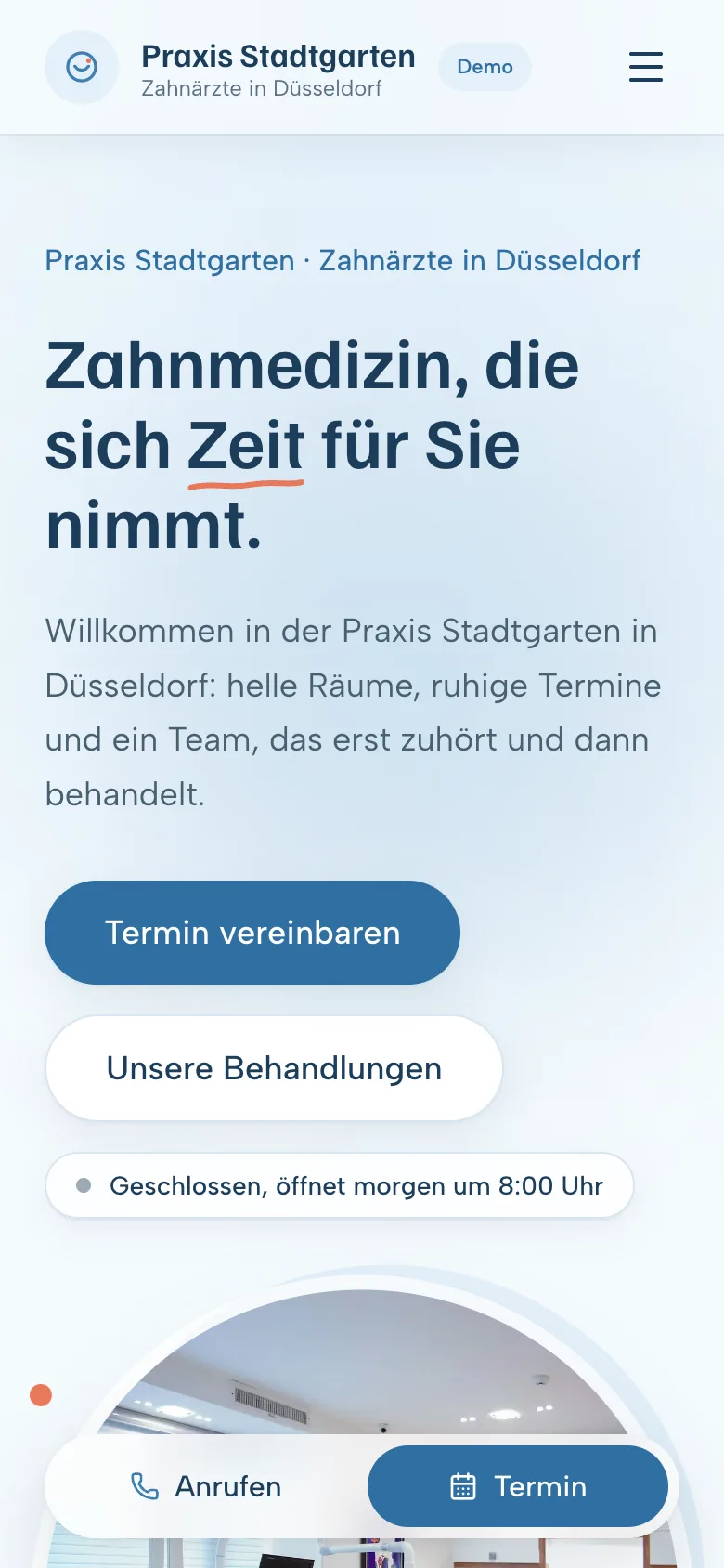 Startseite der Musterpraxis Praxis Stadtgarten in der mobilen Ansicht